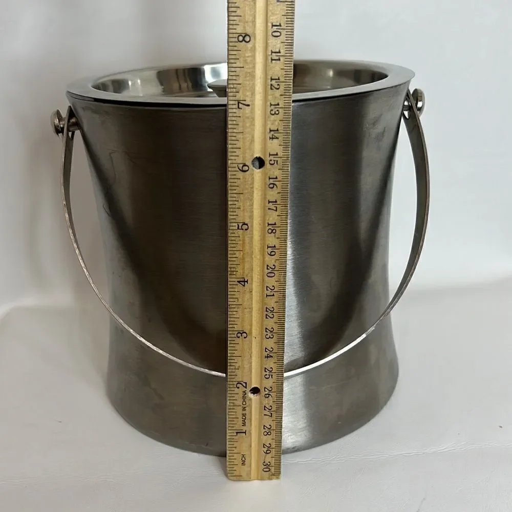 Ice Bucket Vintage Silver Metal Lid Handle Ice Scoop 12 Cup 7 In Tall 7 In Round